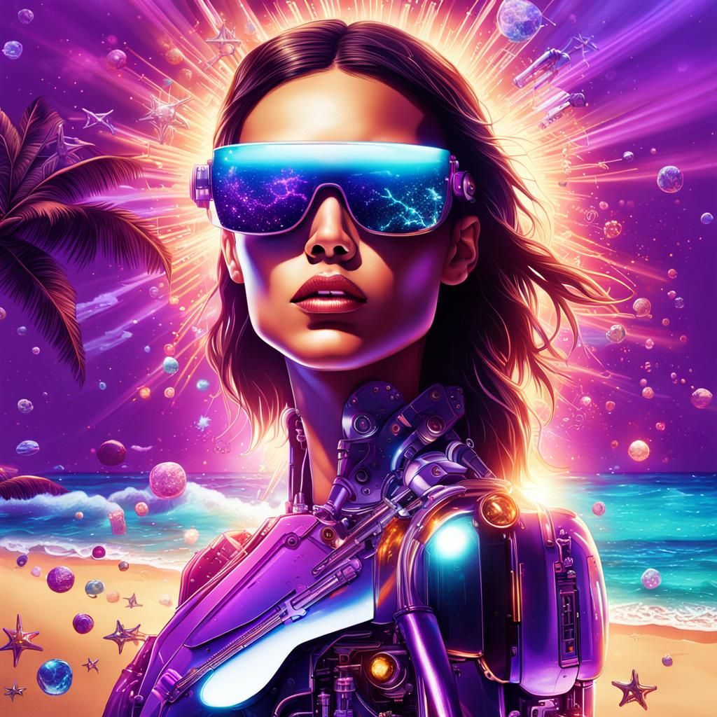 Steampunk Robot Relaxing on Exotic Beach