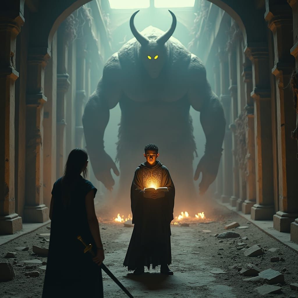 Cinematic Film Still: Library Ruins and Dark Energy