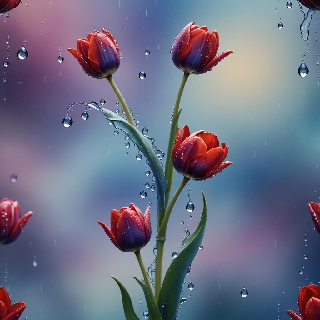 Red Tulip with Water Droplets: Hyper-Realistic Digital Art