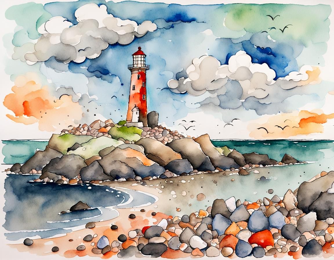 Whimsical Lighthouse Watercolor Painting in Quentin Blake St...