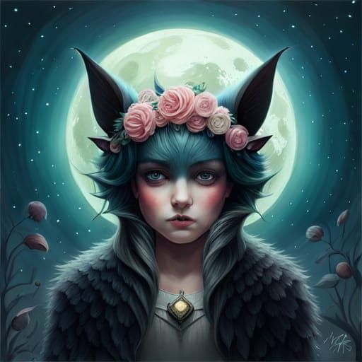 Fluffy Bat with Flower Crown under Starry Night