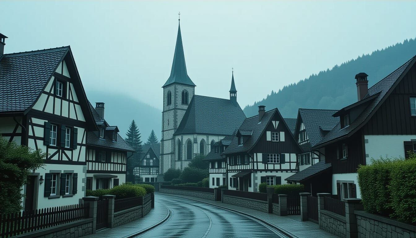 Cinematic Village Scene with Church and Timbered Houses