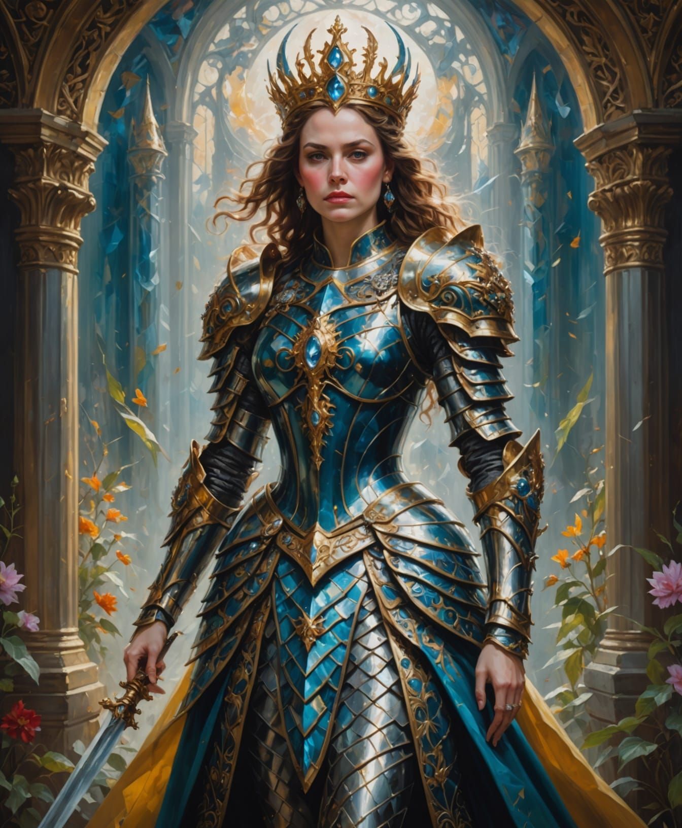 Fantasy Queen in Elaborate Glass Armor Oil Painting