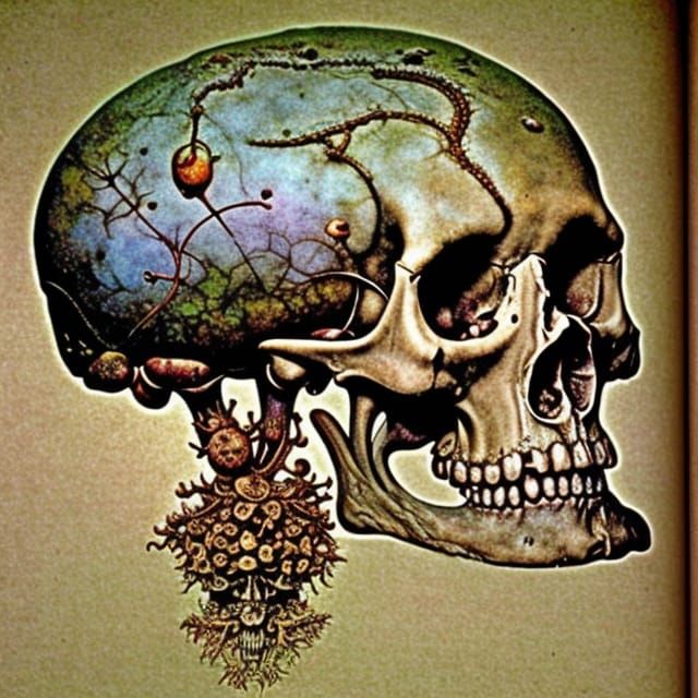 Moss Covered Skull: Intricate Jungle Fantasy Art