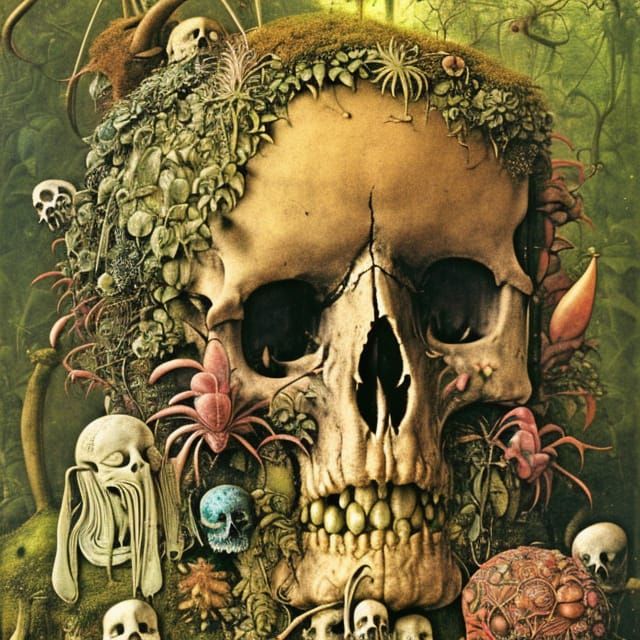 Mossy Skull in Jungle, Detailed Fantasy Art
