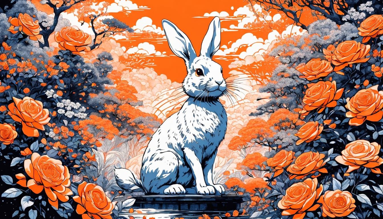 Surreal Orange Rabbit in a Vibrant Asian Landscape