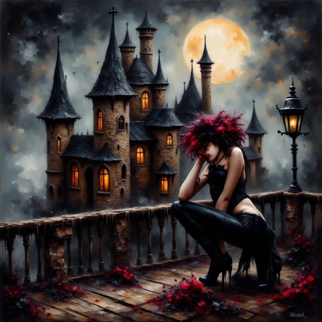 Moonlit Gothic Castle with Red-Tipped Waif