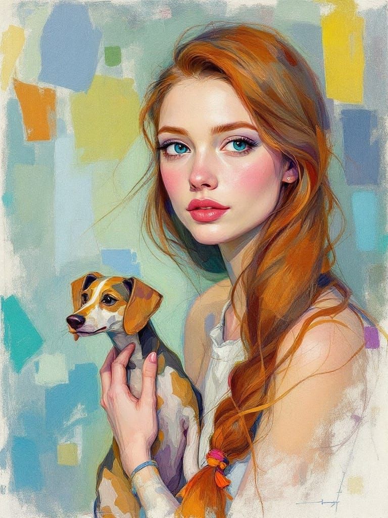 Soft Pastel Study of Woman and Dog in Springtime