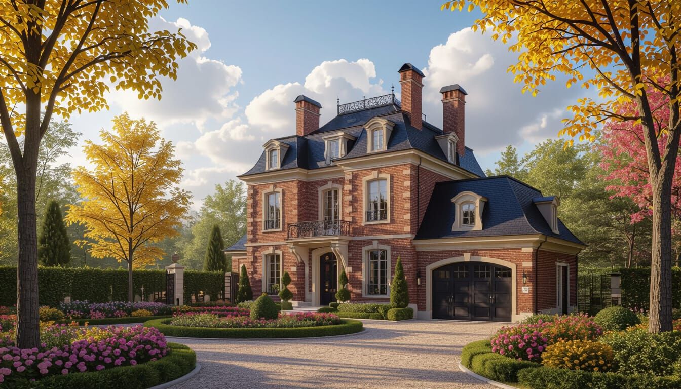 Grand Brick Chateau with Vibrant Garden Under Golden Hour