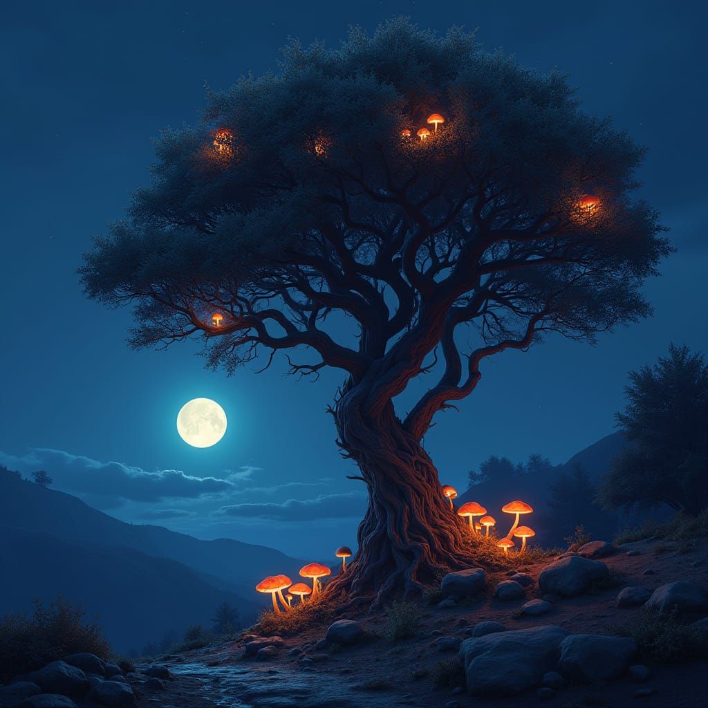 Glowing Mushrooms on Solitary Tree at Night