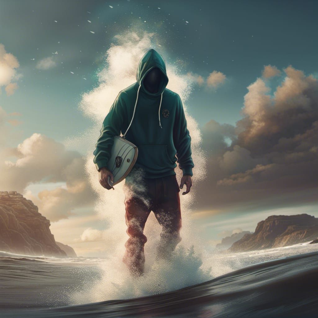 Surfer in Hoodie: Dark Fantasy Concept Art