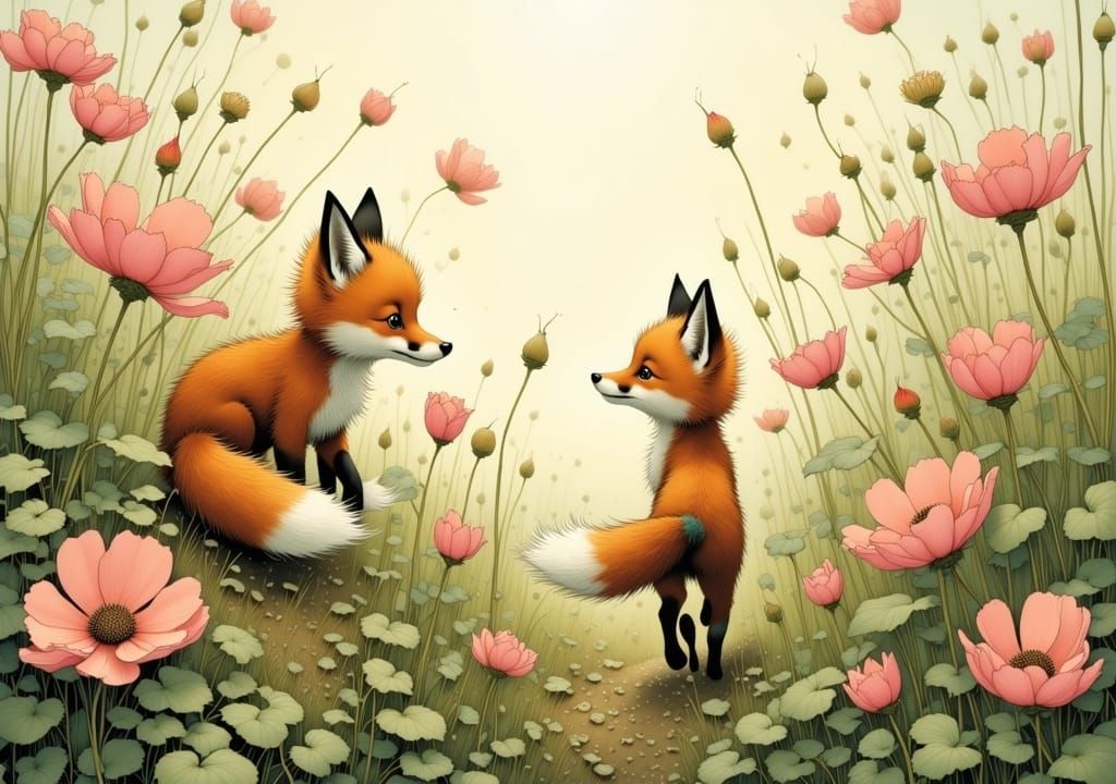 Fox Kits Frolic in Pink Wildflower Meadow