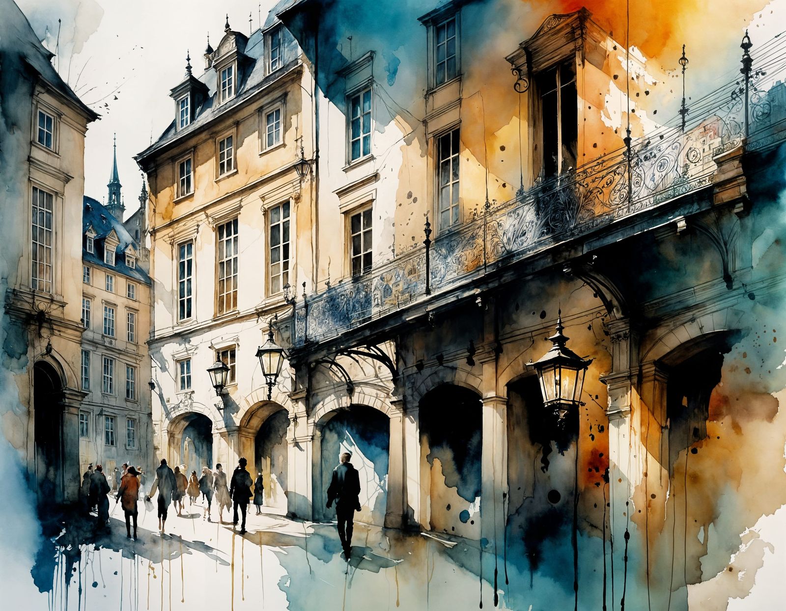 Luxembourg Old City and Fish Market Watercolor Painting