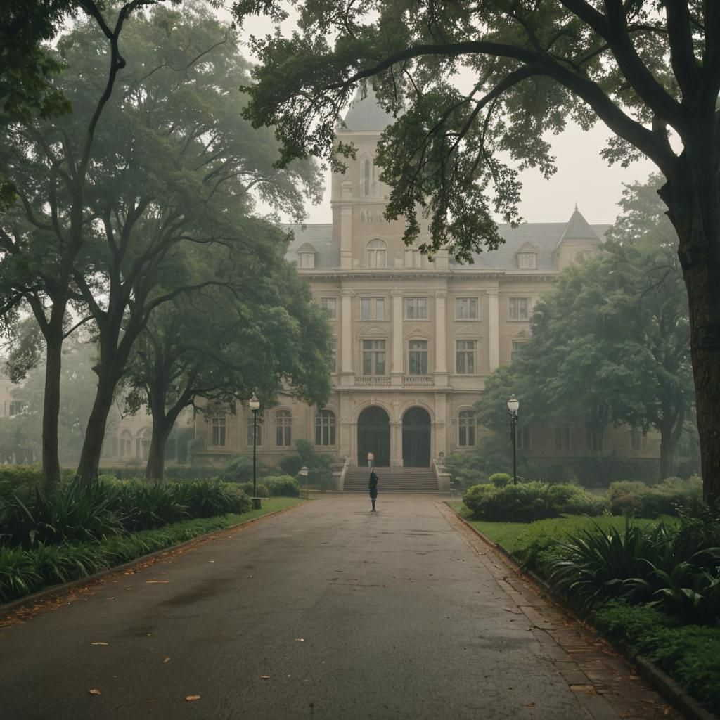 Grand University Building on a Misty Morning