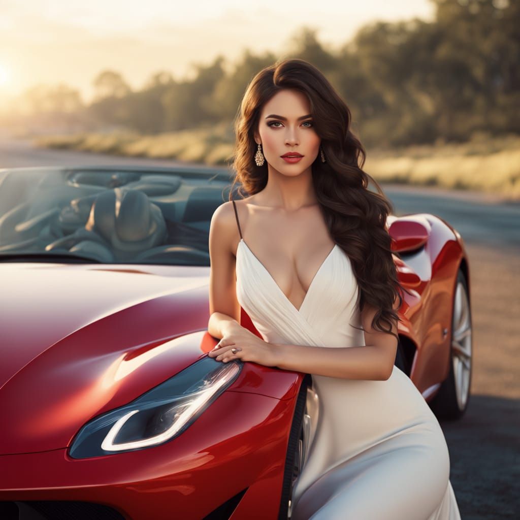 Elegant Woman in White Dress Leans on Ferrari