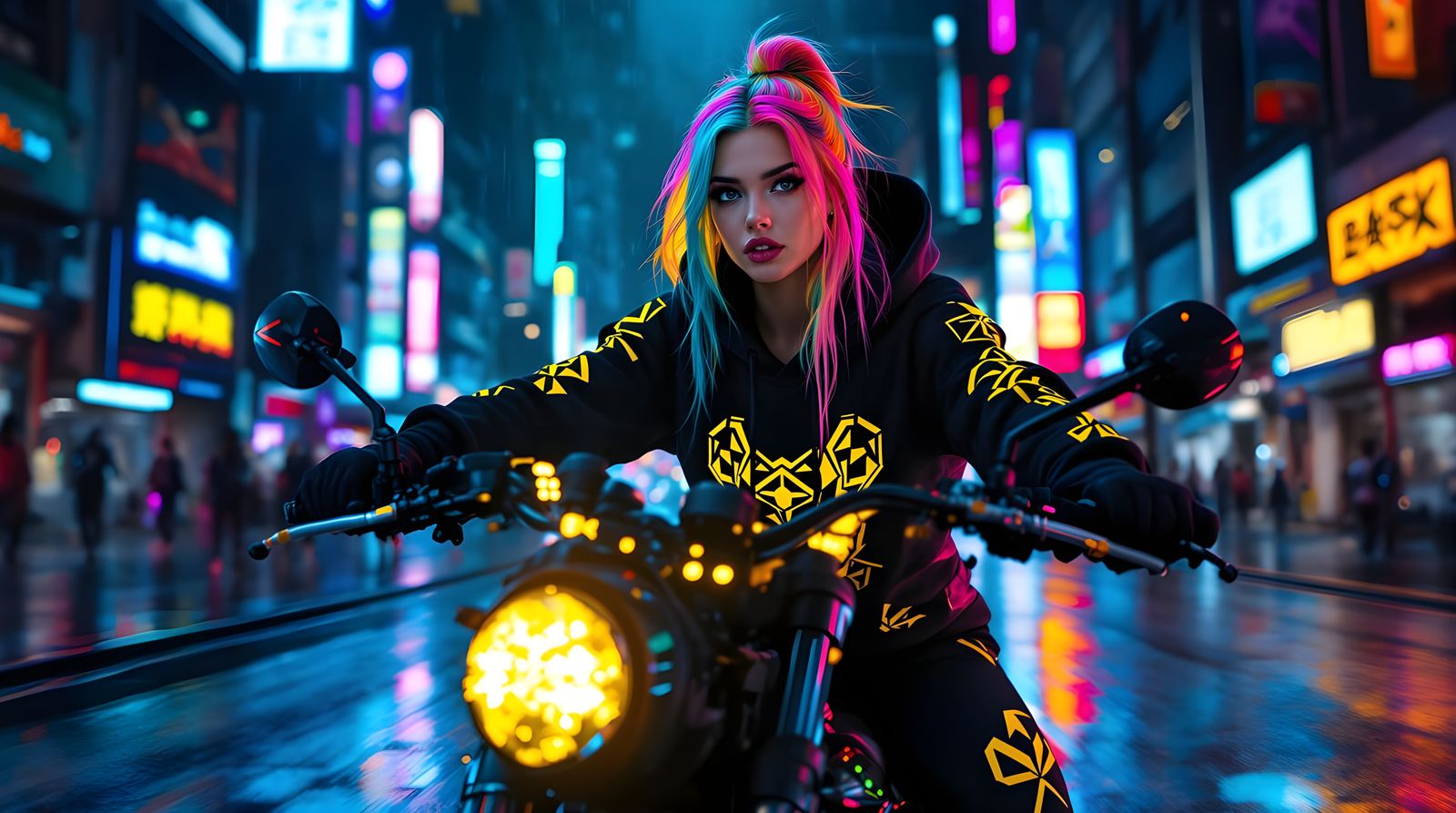 Cyberpunk Woman Rides Motorcycle in Neon City