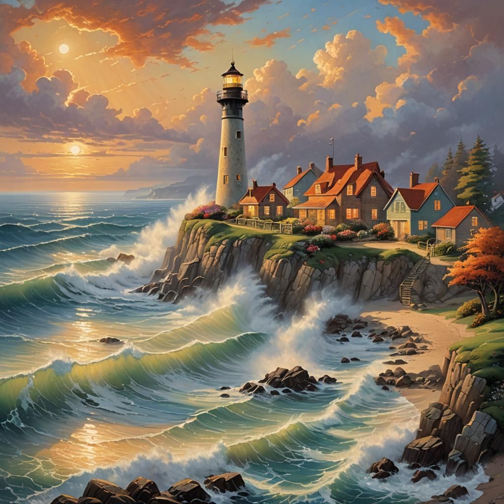 Lighthouse Sunset: Ethereal Fantasy Seascape