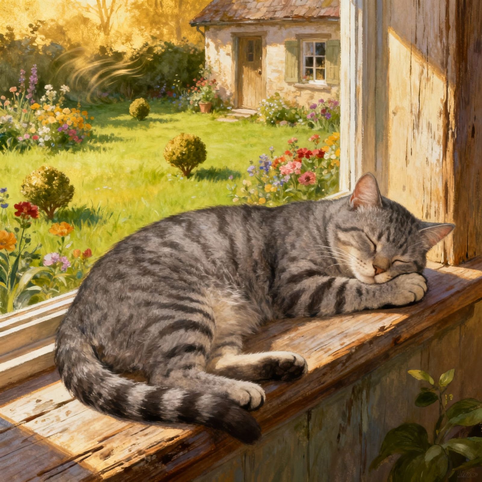 Grey Tabby Cat Sleeps Peacefully on Cottage Windowsill