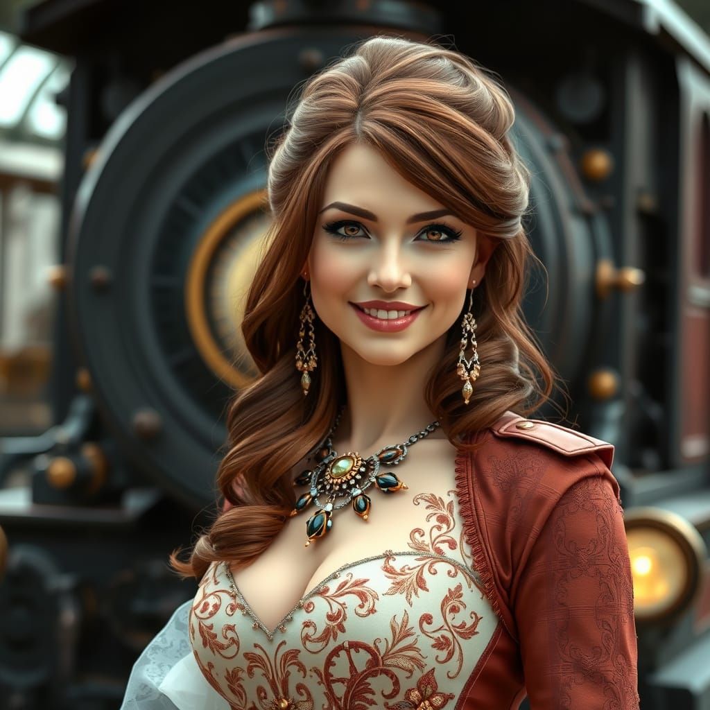 Gothic Steampunk Lady Boarding Vintage Train