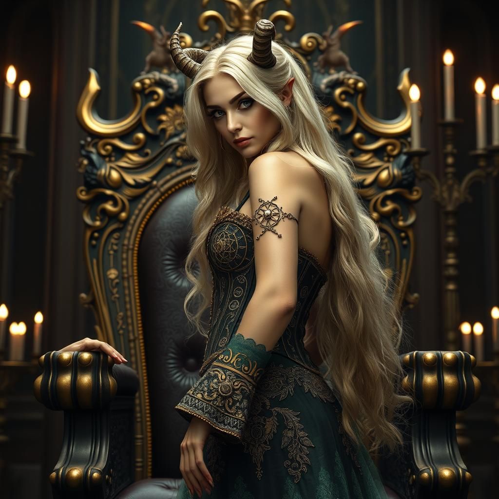 Stunning Blonde Demoness Beside Ornate Throne
