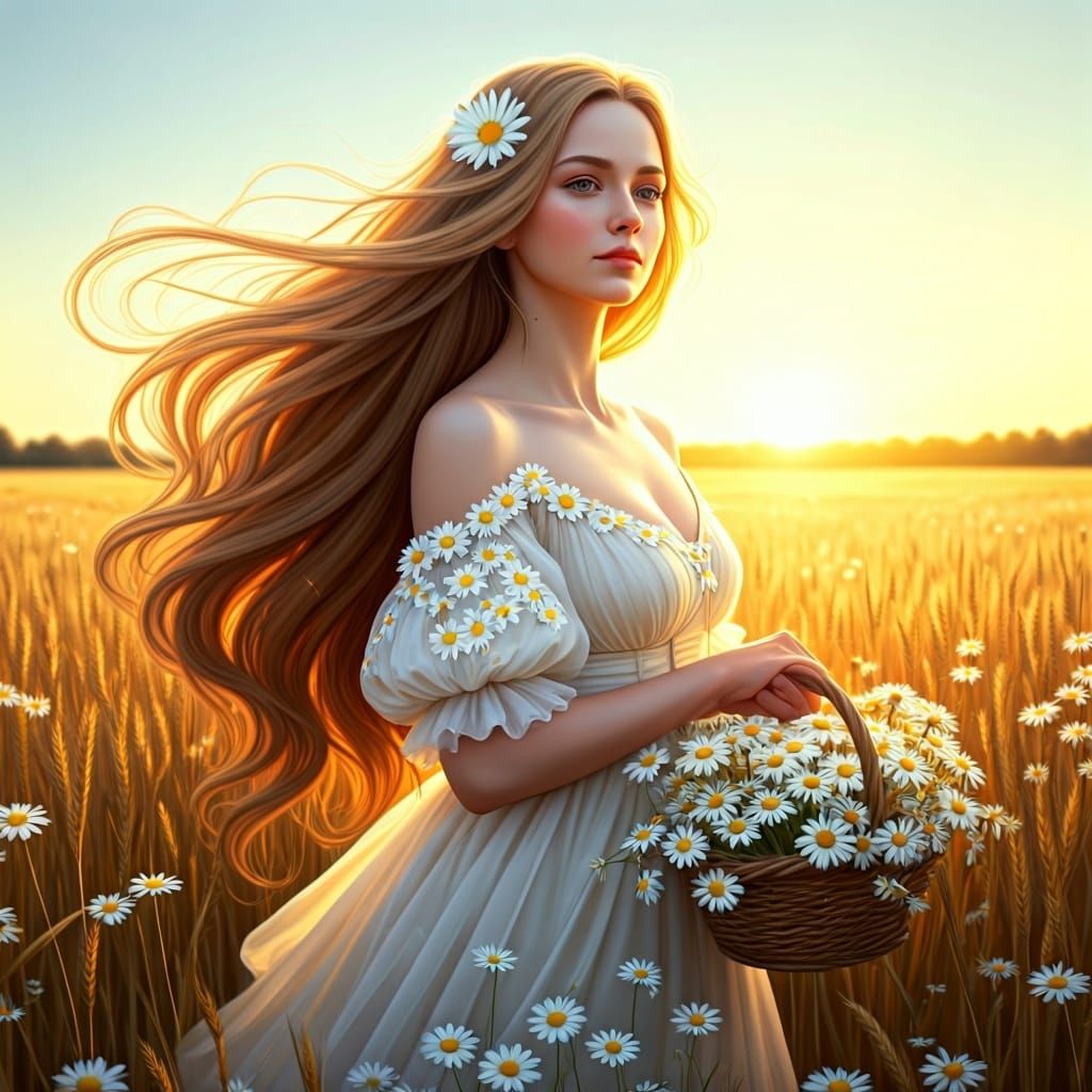 Golden Haired Woman in Daisy Field, Hyperdetailed Art