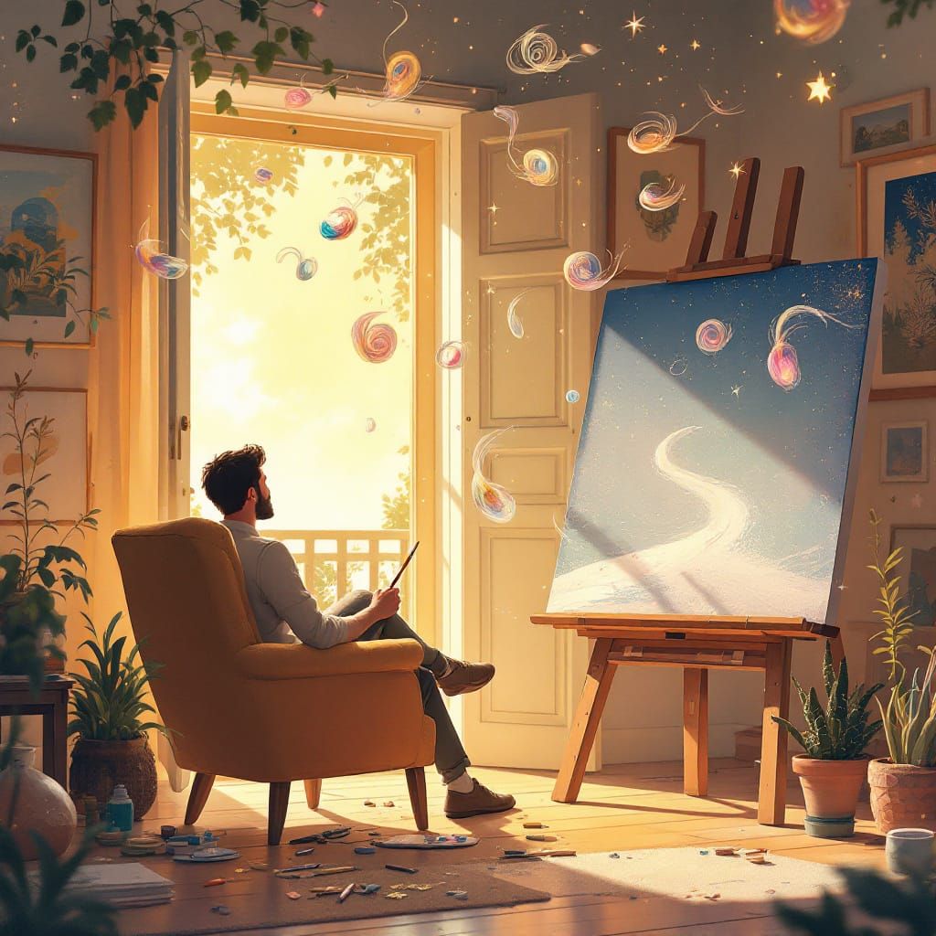 Magical Realism: Artist Gazes at Glowing Canvas