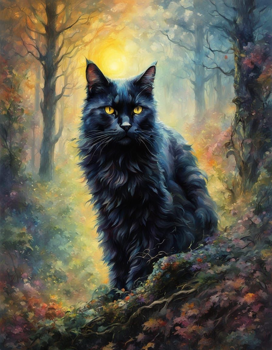 Black Cat in Misty Forest: Photorealistic Impasto