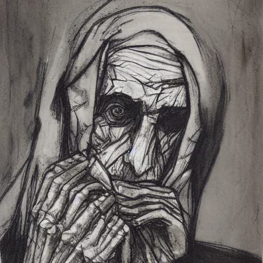 Grieving Mother: Expressionist Charcoal Sketch in Kollwitz S...