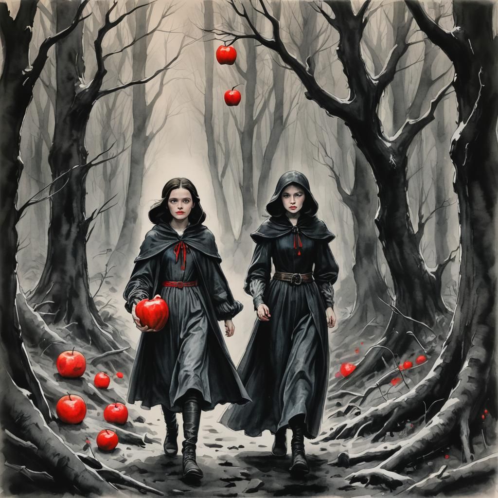 Snow White in Dark Forest, Watercolor Charcoal Drawing