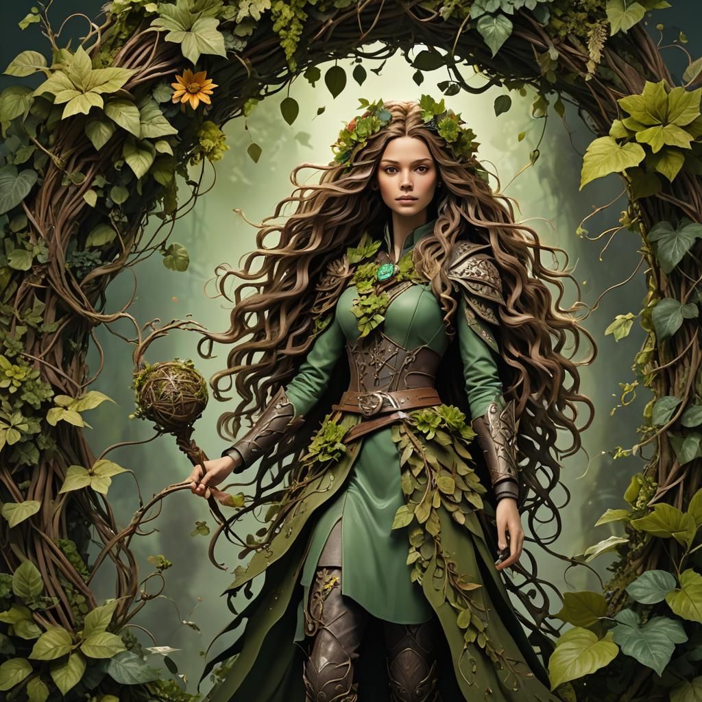 young Woman with long brown frizzy hair wearing a Costume with a with a green and earthy tone color scheme, incorporatin...
