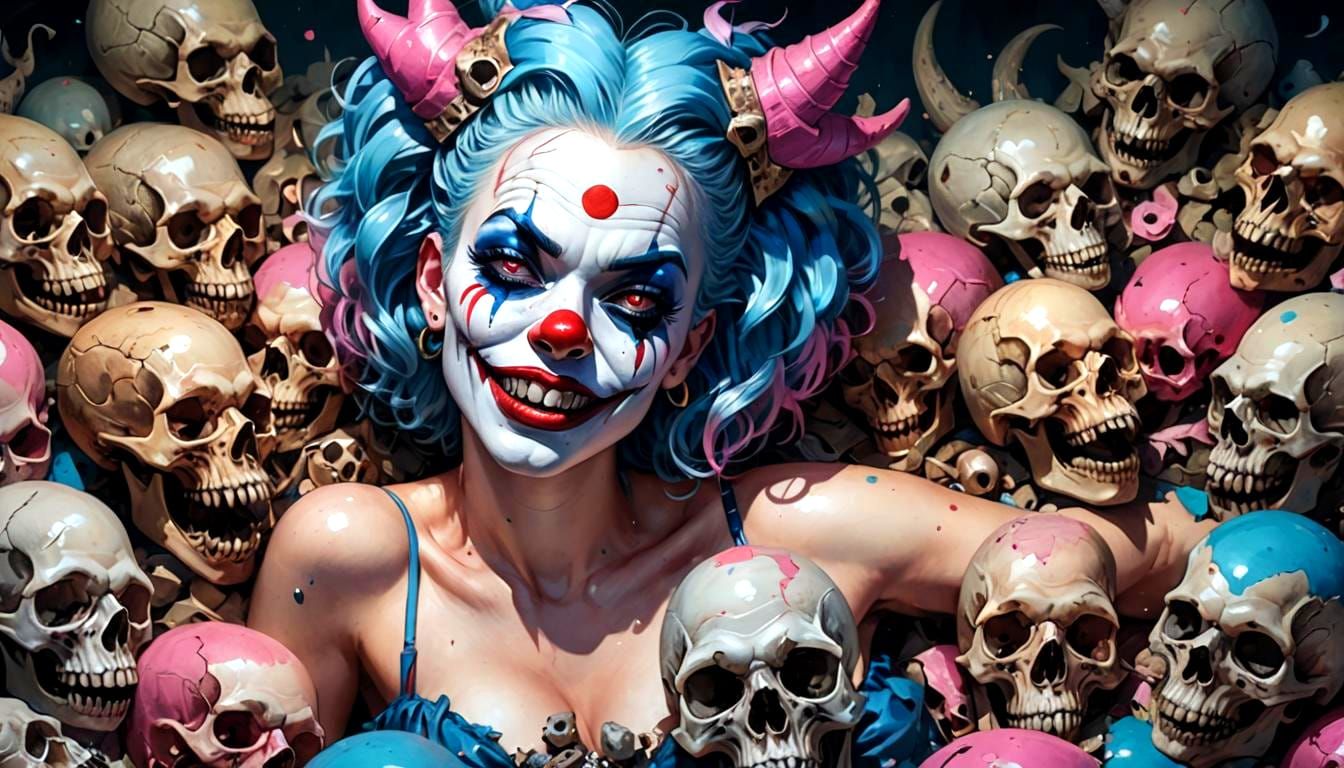 Hyperrealistic Evil Clown Babe with Animal Skulls