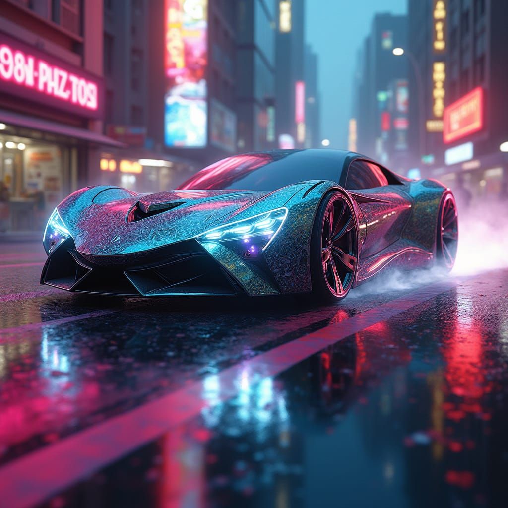 Futuristic Car Glides Through Cyberpunk Cityscape