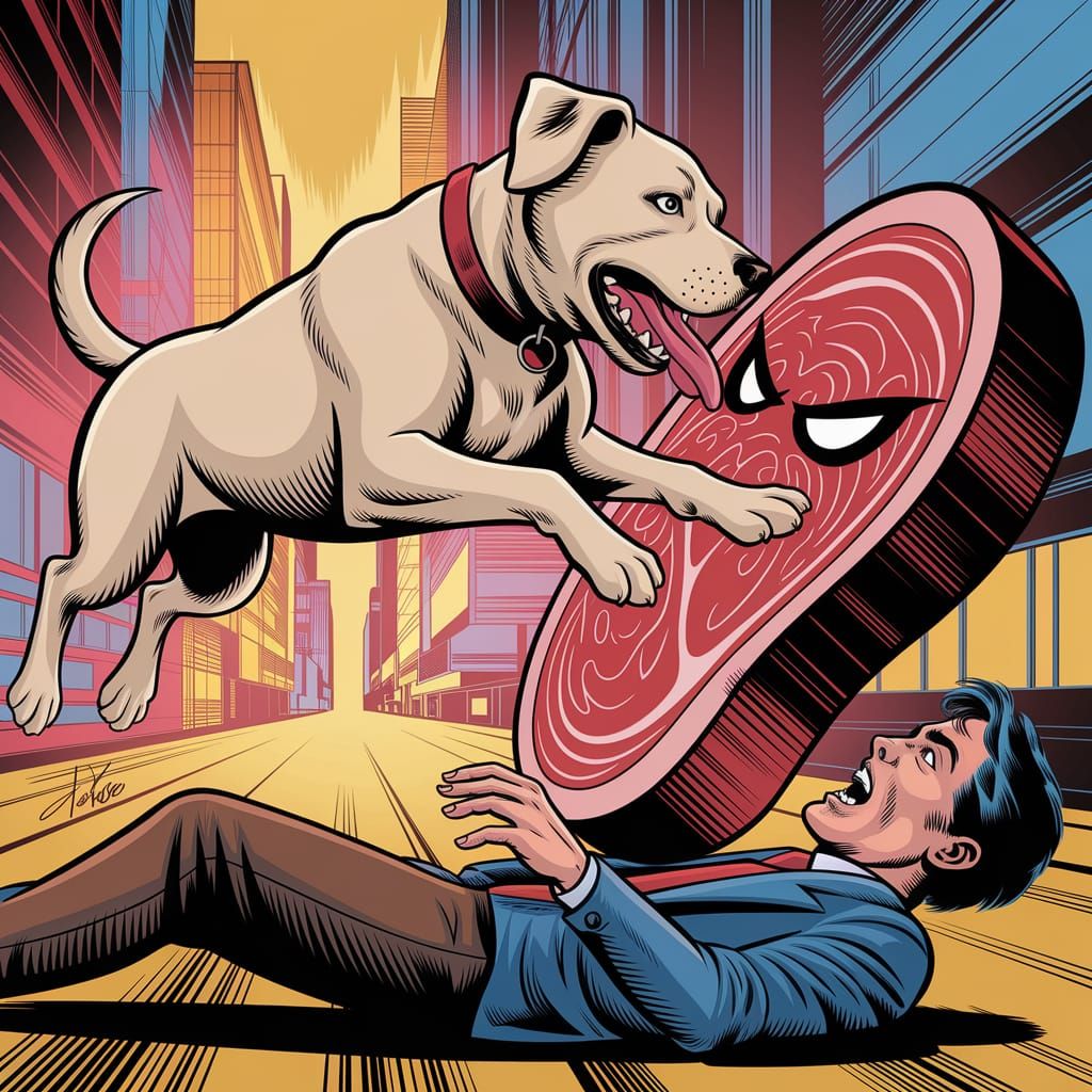 Beige Superhero Labrador Rescues Human from Giant Meat Steak...
