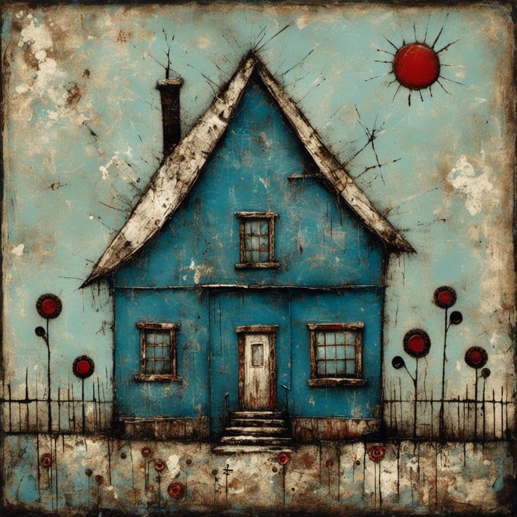Happy Blue House in Art Brut Style