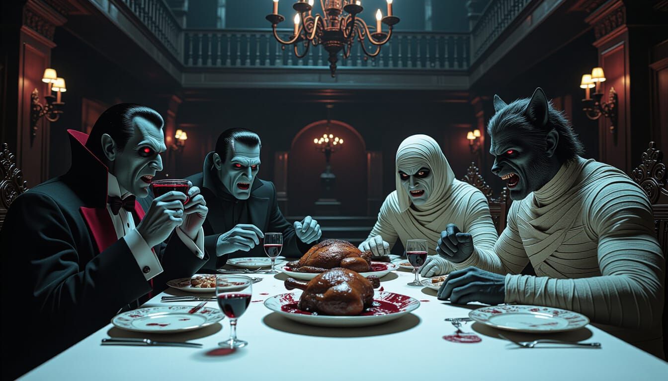 Monsters Feast in Surreal Gothic Hall
