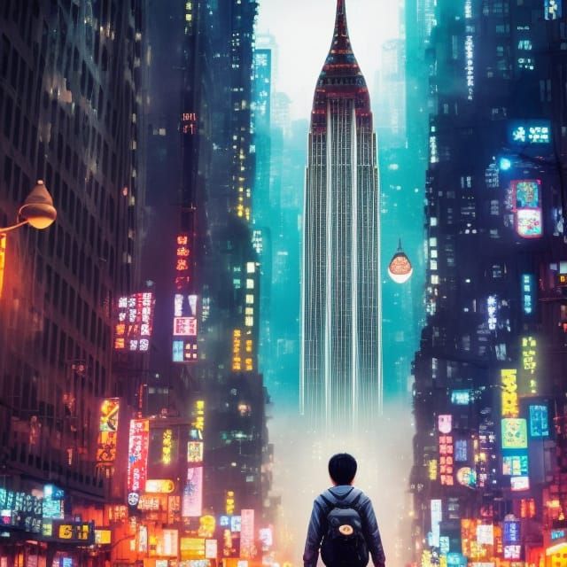 Fluffy Kitten in Anime Style with Empire State Building