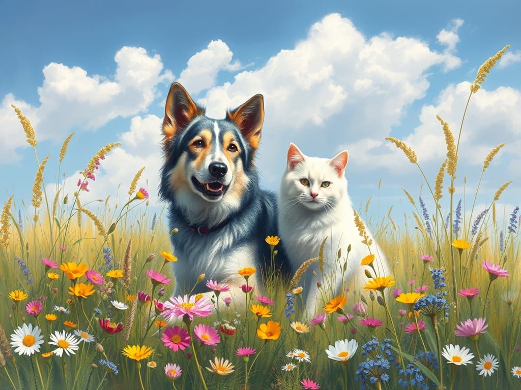 Irish Wolfhound and Cat in Monet-Style Meadow