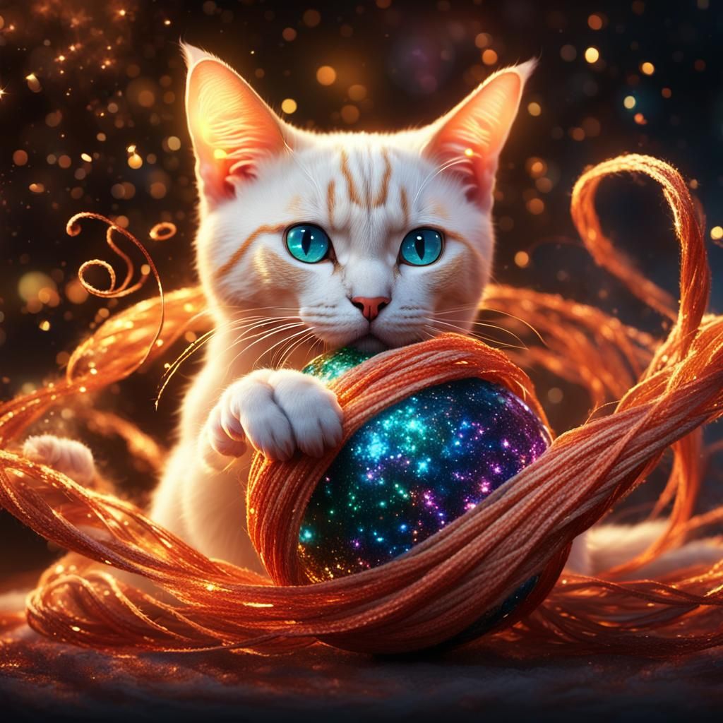 Siamese Cat with Yarn: Detailed Digital Painting
