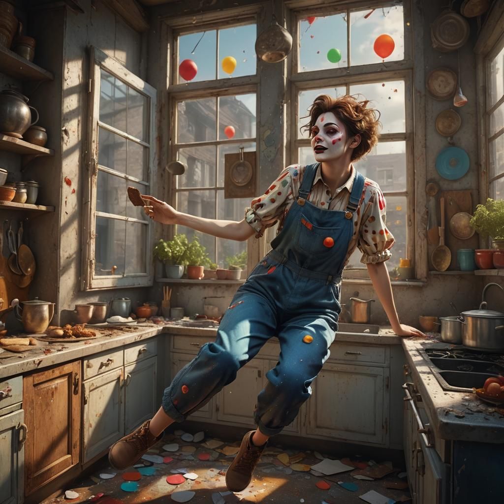 Dreaming Clown Woman Flies from Bohemian Kitchen