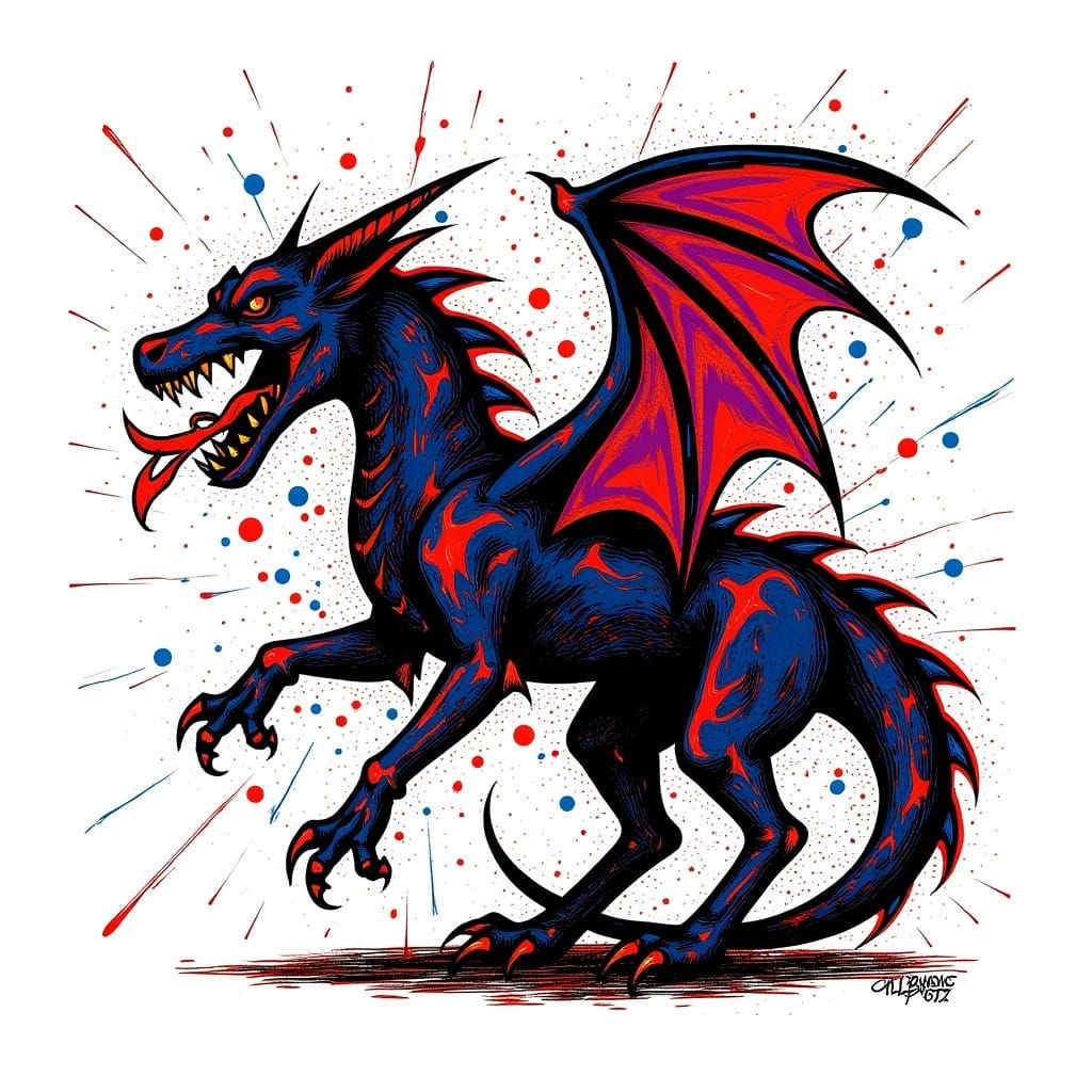 Abstract Dragon Silhouette of Vibrant Paint Splatters