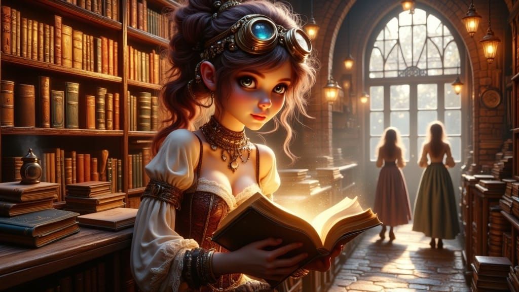 Steampunk Lady in Quaint Village Bookshop