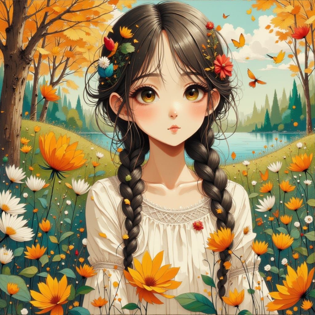 Anime Woman in Park with Long Braids, Romance Art
