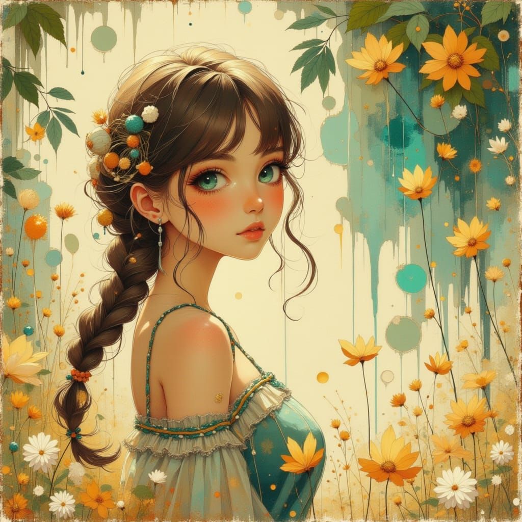 Anime Woman in Park, Late Afternoon Sun, Romantic Pencil Sty...