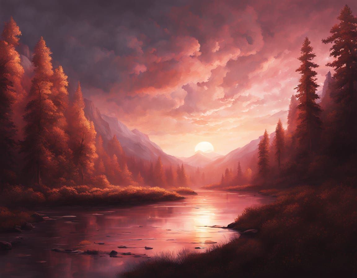 Serene Mountain River at Dusk in Warm Pink Light