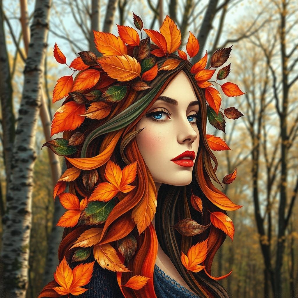 Autumnal Woman's Face in Cubist Symbolism