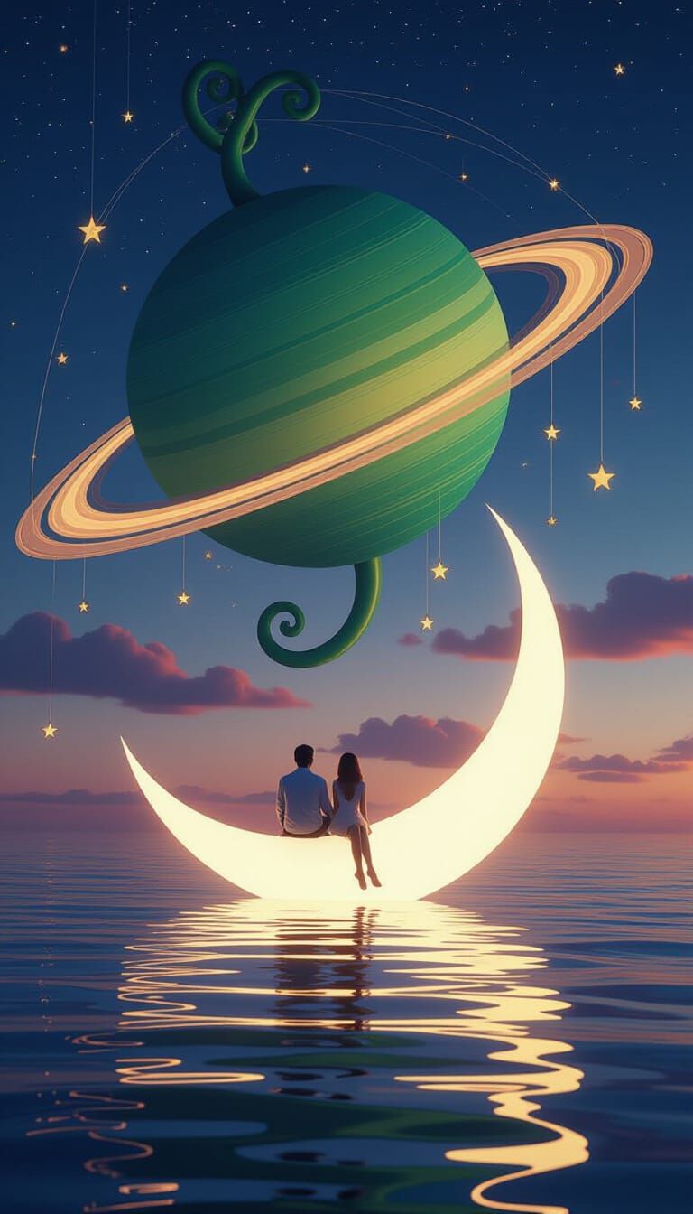 Lovers on Moon Gazing at Alien Flower Planet