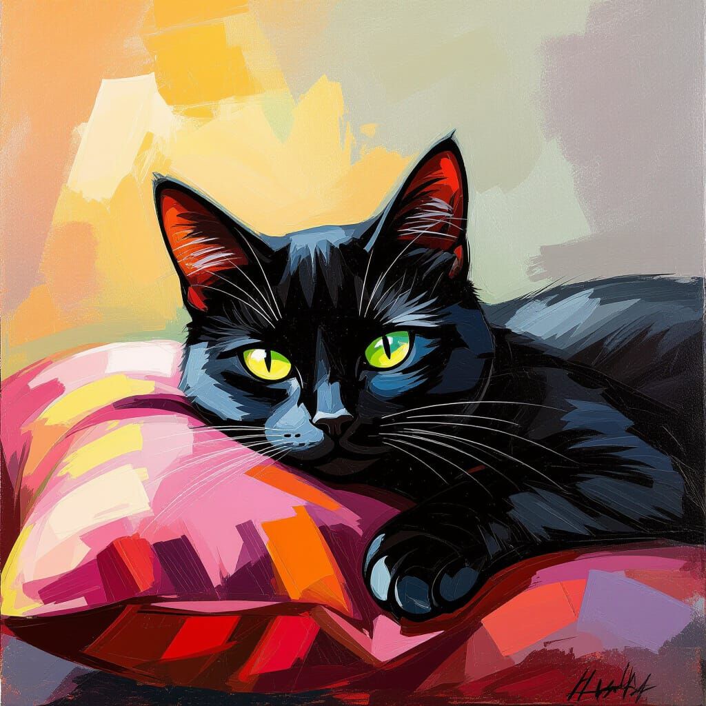 Black Cat on Pillow in Noir Speed Painting Style
