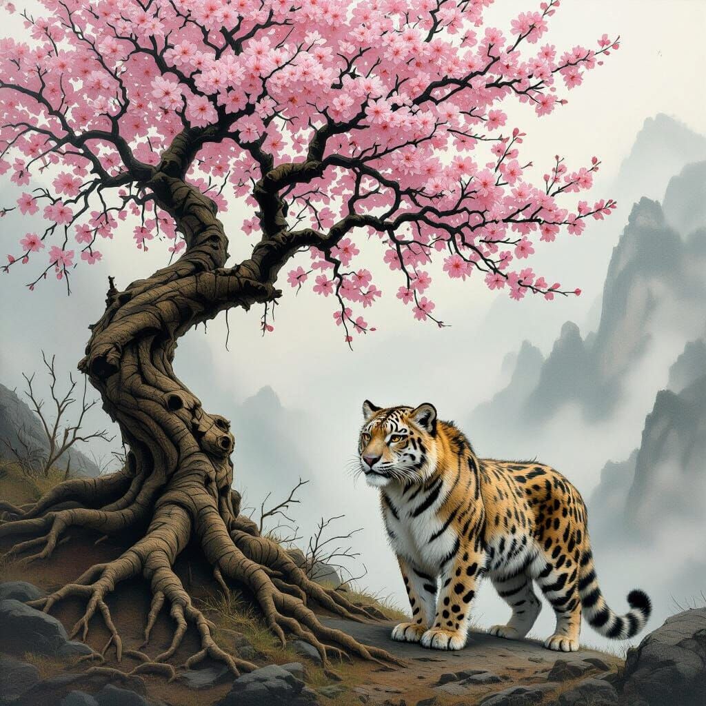 Snow Leopard-Tiger Hybrid in Eerie Mountain Landscape