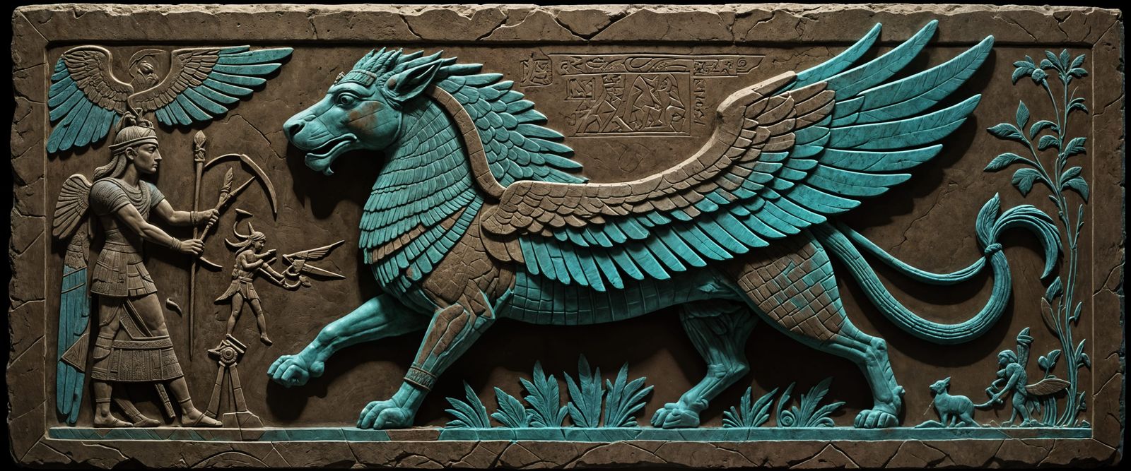 Winged Lamassu Carving Glowing Cuneiform Script