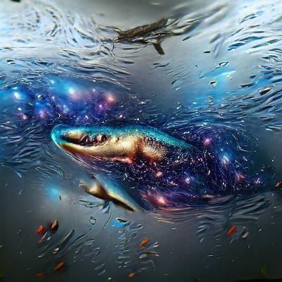 Shark Swimming Through a Colorful Galaxy